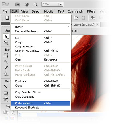 The Adobe Fireworks edit menu