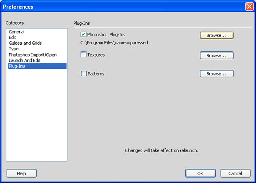 The plug-ins preferences window in Adobe Fireworks.