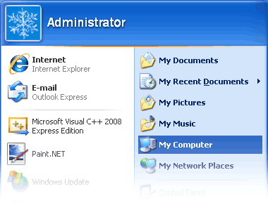 The location of the My Computer link in the Windows XP Start Menu.