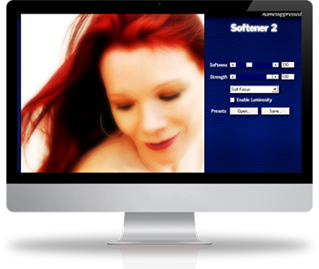 Screenshot of the Softener 2 Photoshop Plug-in interface on a desktop computer.