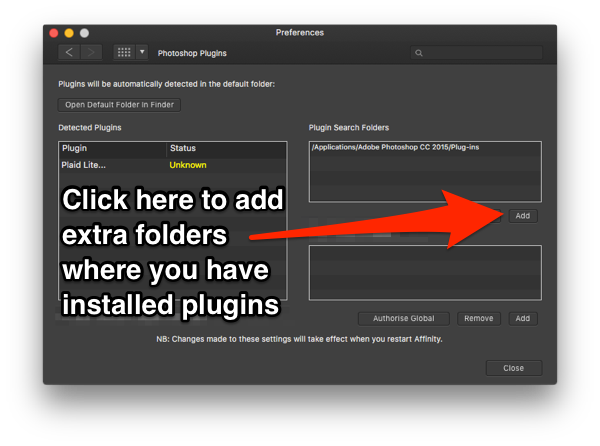 Click Add to add extra folders where you have installed Photoshop plugins