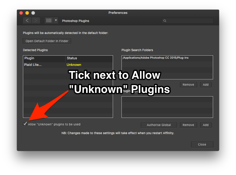 Check the Allow Unknown Plugins setting in Affinity Photo
