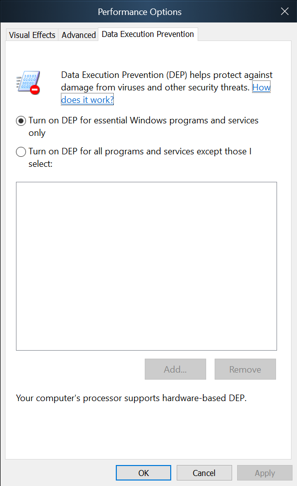 The Data Execution Prevention settings screen in Windows 10