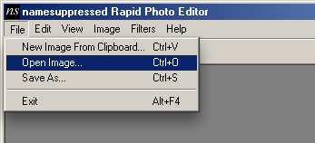 Screenshot showing the location of the Open File menu option in namesuppressed's Rapid Photo Editor