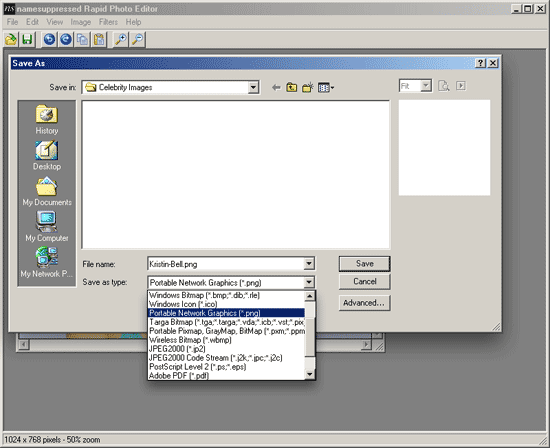 Screenshot of the Save File window in the namesuppressed Rapid Photo Editor