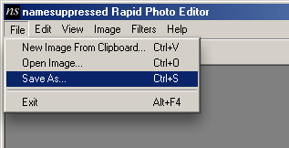Screenshot showing the location of the Save menu in the namesuppressed Rapid Photo Editor
